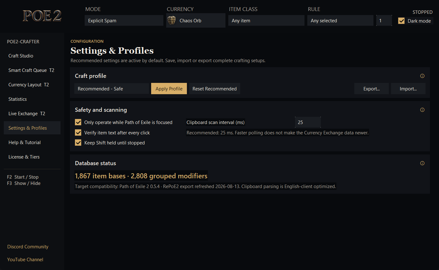 Poe2-Crafter Settings and Profiles screen