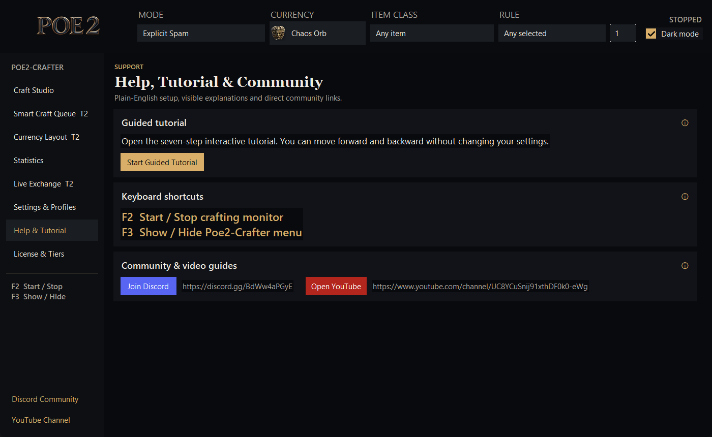 Poe2-Crafter Help and Tutorial screen